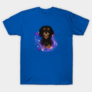 Magical Cavalier King Charles Spaniel and Butterflies, Black and Tan T-Shirt